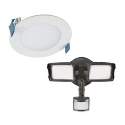 4 in. Selectable New Construction/Remodel Recessed Integrated LED Kit & Bronze Motion Activated Twin Head LED FloodLight by Halo