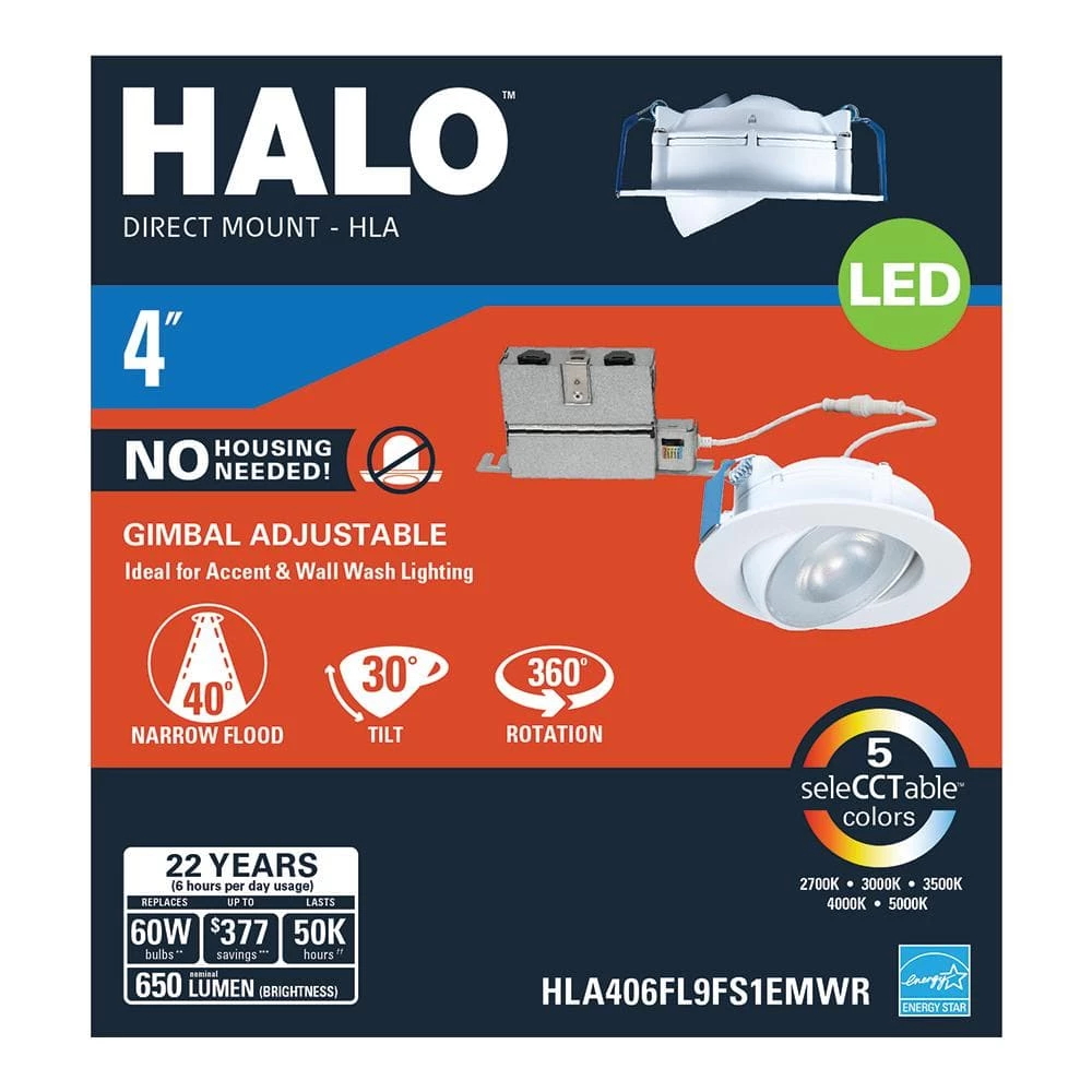 HLA 4 in. Color Selectable (2700K-5000K) Canless Recessed Narrow Beam Adjustable Gimbal Trim Integrated LED Kit by Halo 8 HLA 4 in. Color Selectable (2700K-5000K) Canless Recessed Narrow Beam Adjustable Gimbal Trim Integrated LED Kit by Halo - Image 6