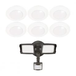 HLC 6 in. 3000K Integrated LED Recessed Light Trim (6-Pack) and Bronze Motion Activated Twin-Head LED Flood Light by Halo