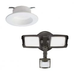 RL 4 in. Selectable CCT Integrated LED Recessed Trim and Bronze Motion Activated Twin-Head Integrated LED Flood Light by Halo