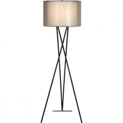 Trition 68 in. 1-Light Matte Black Tripod Floor Lamp With Smoke Gray Shantung Double Shade by Trend Lighting