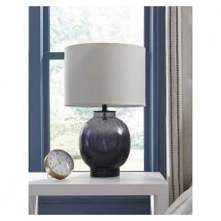 Panacea 27.5 in. 1-Light Lagoon Water Glass and Satin Black Table Lamp with Lattice Cream Linen Shade by Trend Lighting -Halo Shop satin black trend lighting table lamps tt6890 44 1000
