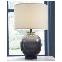 Panacea 27.5 in. 1-Light Lagoon Water Glass and Satin Black Table Lamp with Lattice Cream Linen Shade by Trend Lighting -Halo Shop satin black trend lighting table lamps tt6890 4f 1000