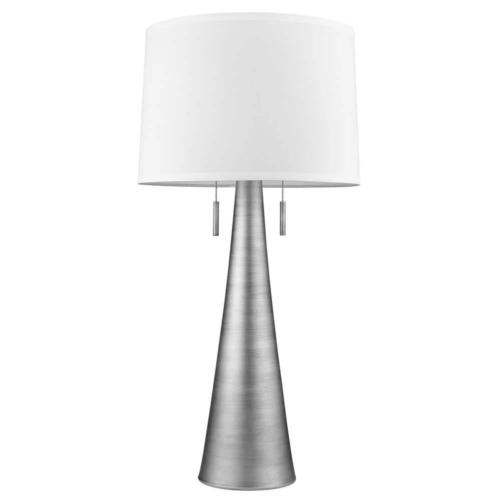 Muse 32.5 in. 2-Light Hand Painted Weathered Pewter Table Lamp With Off-White Shantung Shade by Trend Lighting 3 Muse 32.5 in. 2-Light Hand Painted Weathered Pewter Table Lamp With Off-White Shantung Shade by Trend Lighting